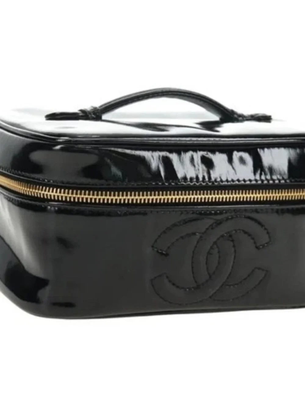 CHANEL Vanity Pouch Patent leather Black Gold CC Auth 136084